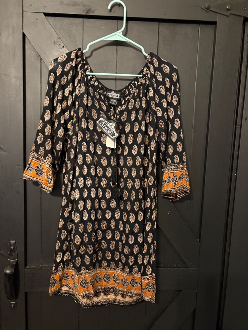 Angie Black and Orange Printed Boho Tunic Dress